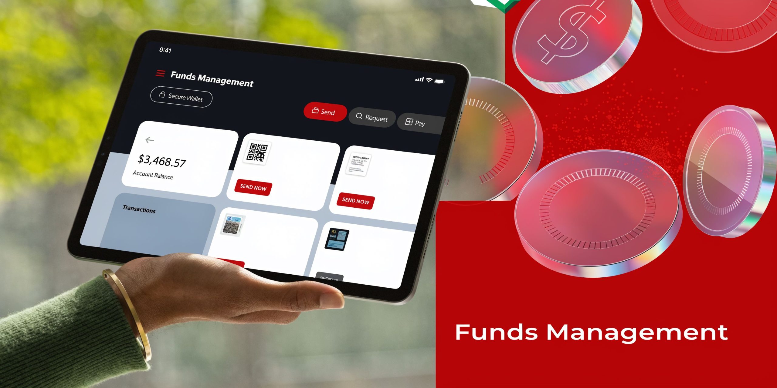 Best Iowa Sports Betting Sites & Bonuses 2026 4 A person holding a tablet displaying a financial app interface for funds management on a red background.