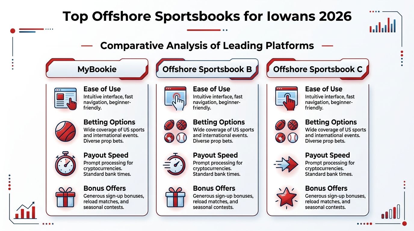Best Iowa Sports Betting Sites & Bonuses 2026 2 A comparative chart highlighting features of top offshore sportsbooks available for bettors in Iowa for 2026.