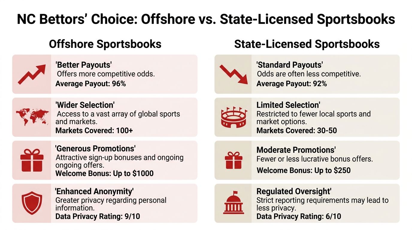 Is online gambling legal in nc: Discover if Online Gambling 1 A comparison chart showing differences between offshore and state-licensed sportsbooks regarding payouts, market variety, promotions, and privacy.