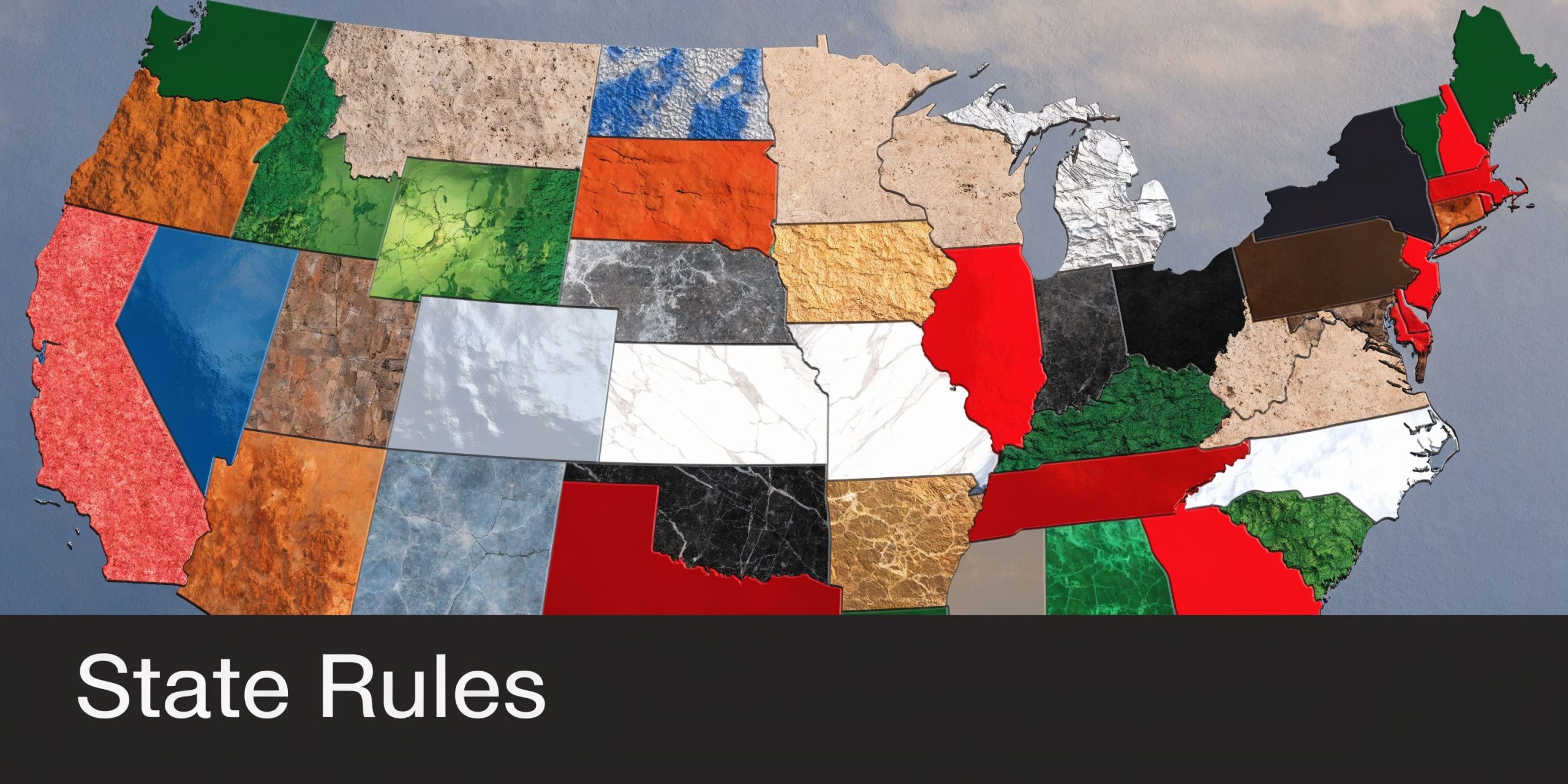 A stylized map of the United States with textured state sections above the text State Rules.