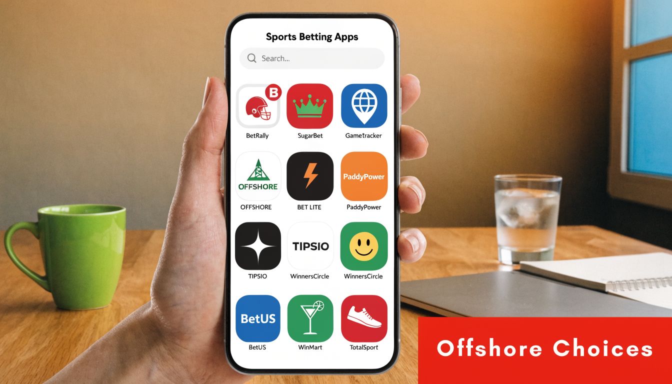 A hand holding a smartphone displaying various sports betting app icons on a white background screen.
