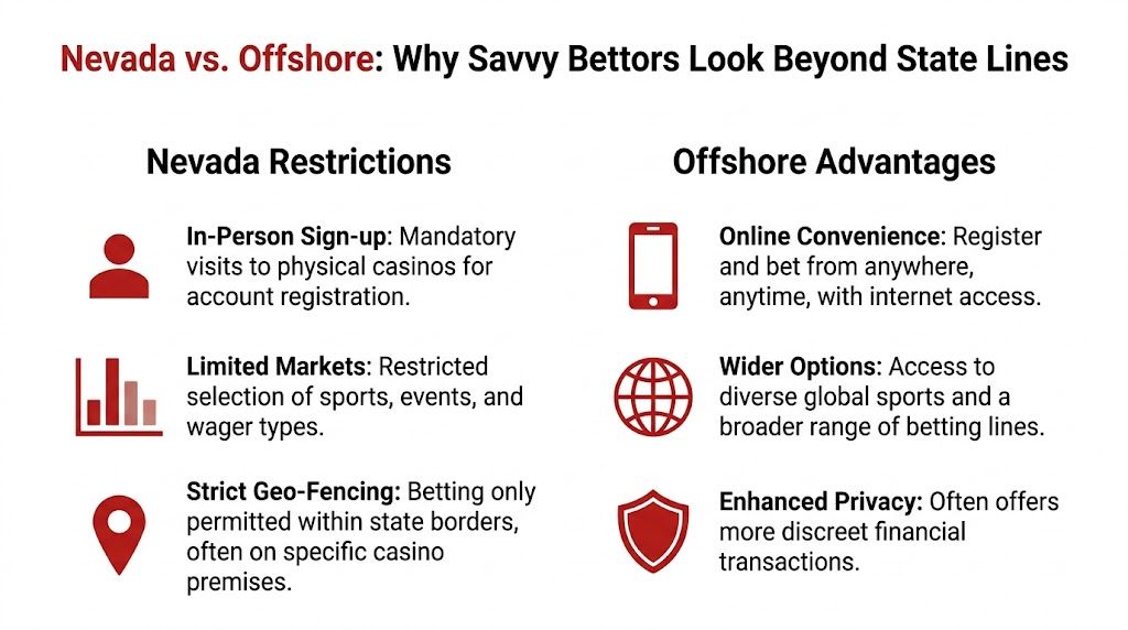 A comparison chart showing Nevada betting restrictions versus the advantages of using offshore online gambling platforms.