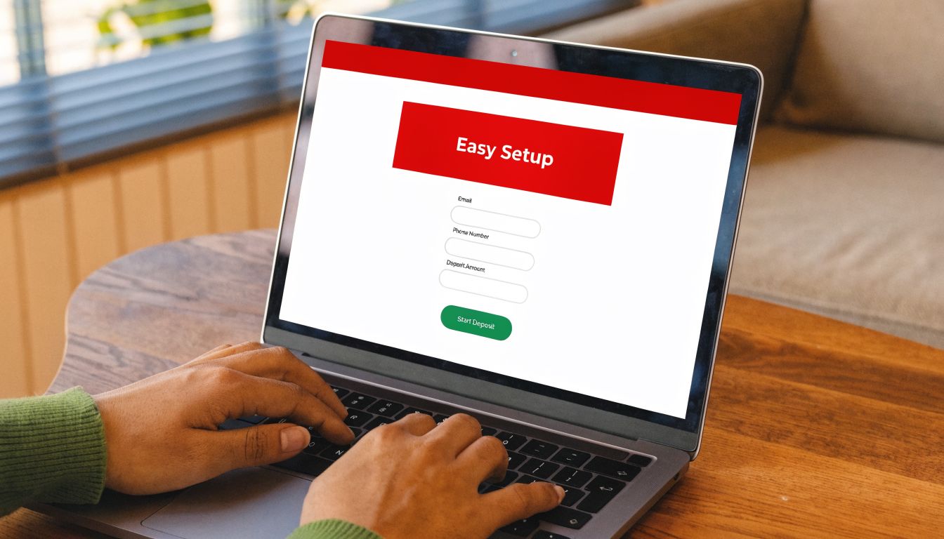 A person using a laptop to complete an easy setup form for an online banking deposit.
