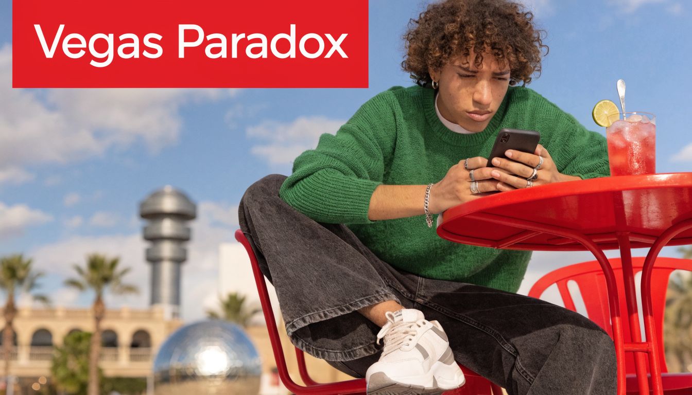 A young person with curly hair wearing a green sweater using a smartphone at a red table.