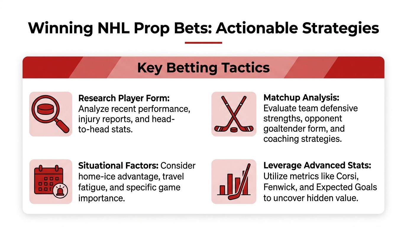 An infographic titled Winning NHL Prop Bets featuring four key tactical tips for betting on hockey.
