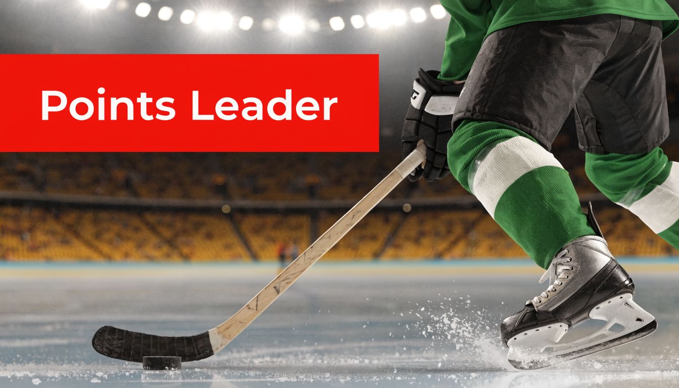 A professional hockey player skating on ice toward a puck in a brightly lit arena.