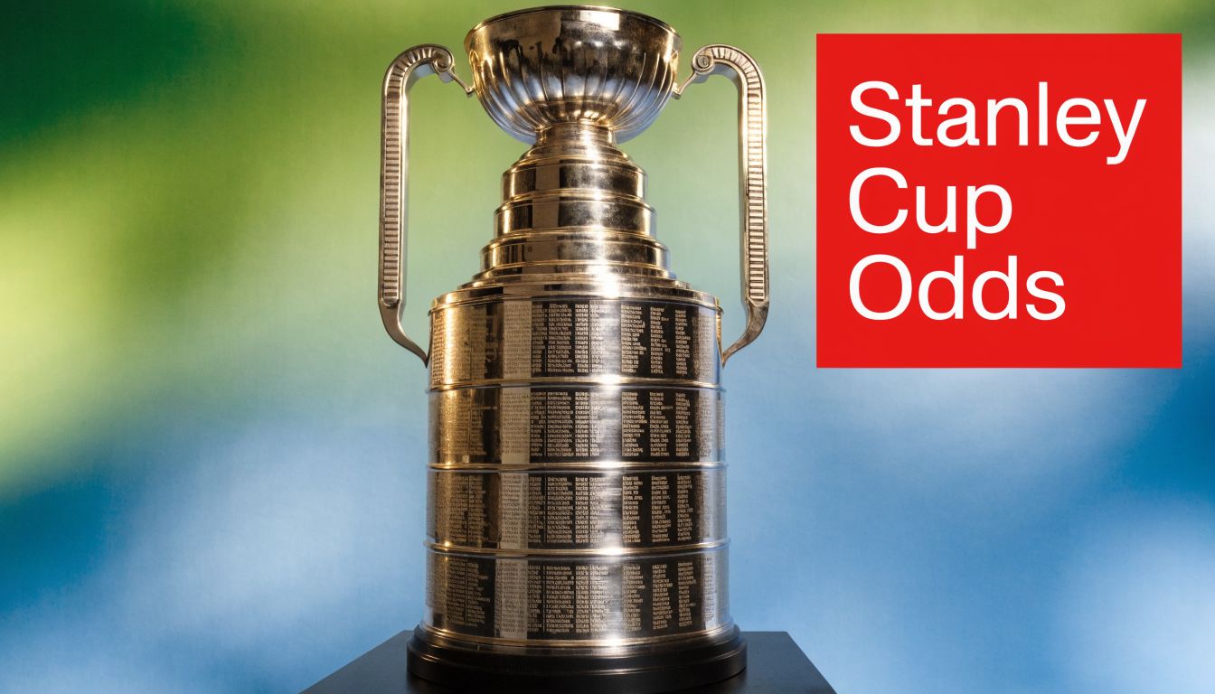 The iconic Stanley Cup trophy displayed against a gradient green and blue background with overlayed red text.