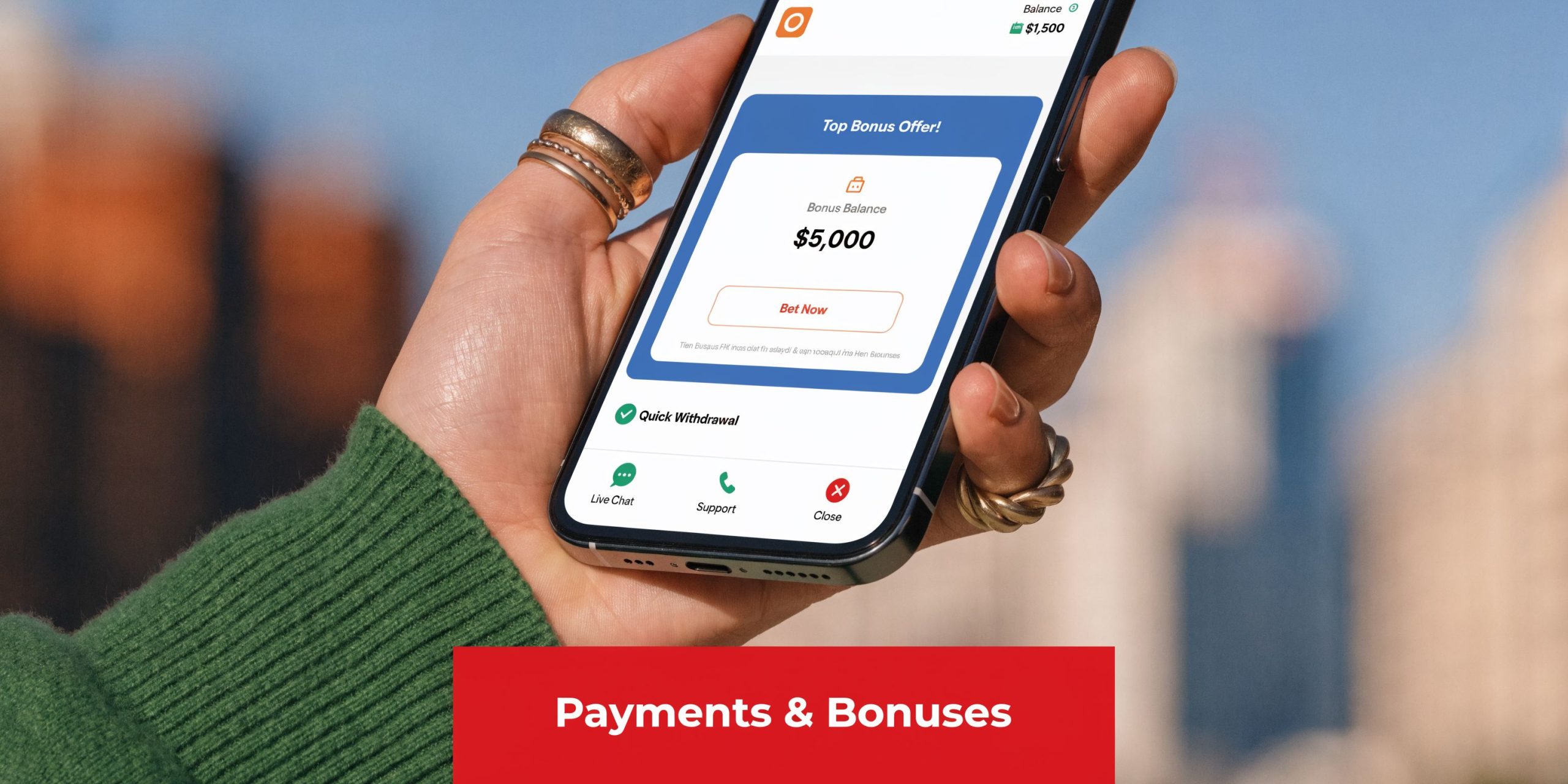 A hand holding a smartphone displaying an online casino app interface with bonus offer and withdrawal options.