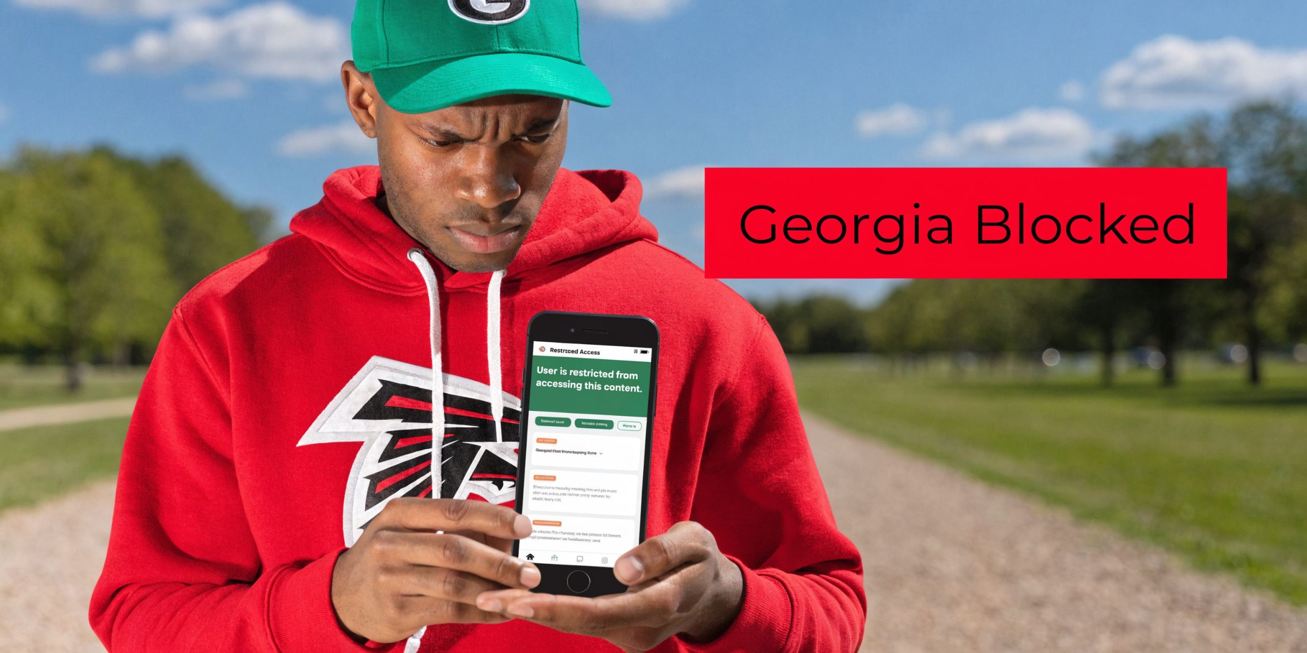 A man wearing a Georgia Falcons hoodie looks concerned while viewing a restricted access message on his phone.