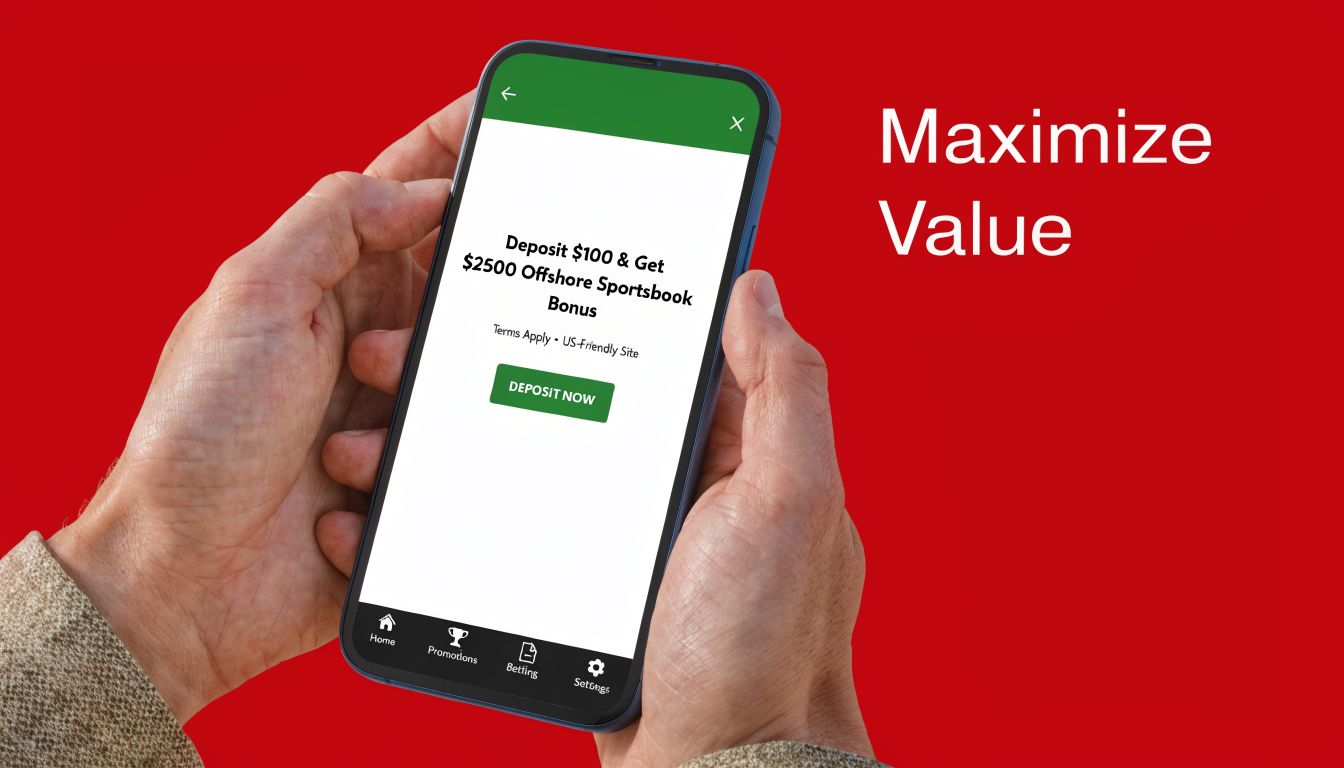 A person holding a smartphone showing a promotional deposit bonus offer for an offshore online sports betting site.