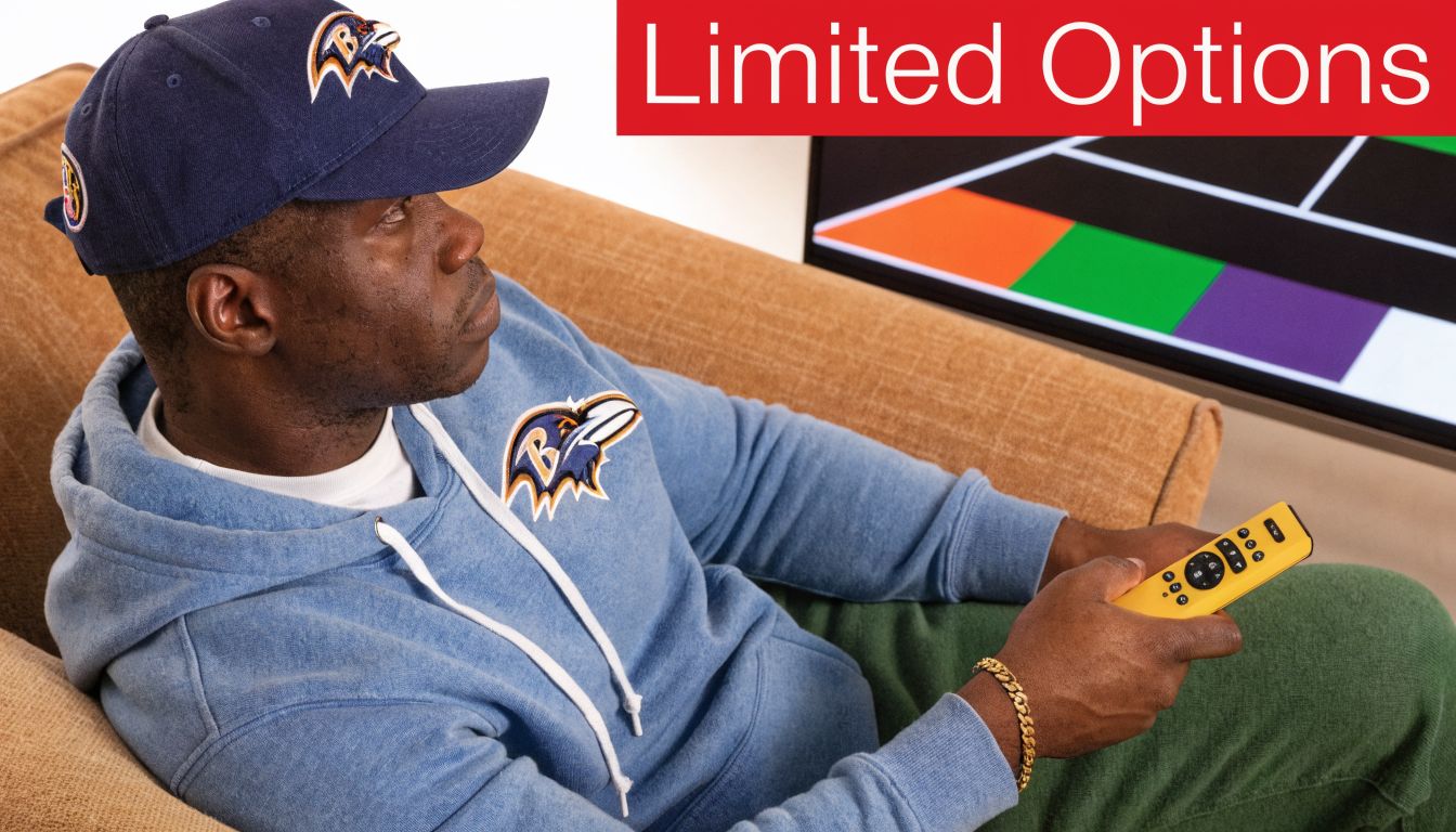 A man wearing a Ravens hoodie and hat watching sports on television while holding a remote control.