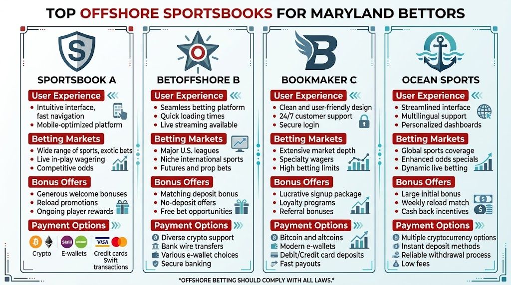 A comparison chart of top offshore sportsbooks available to bettors residing in the state of Maryland.