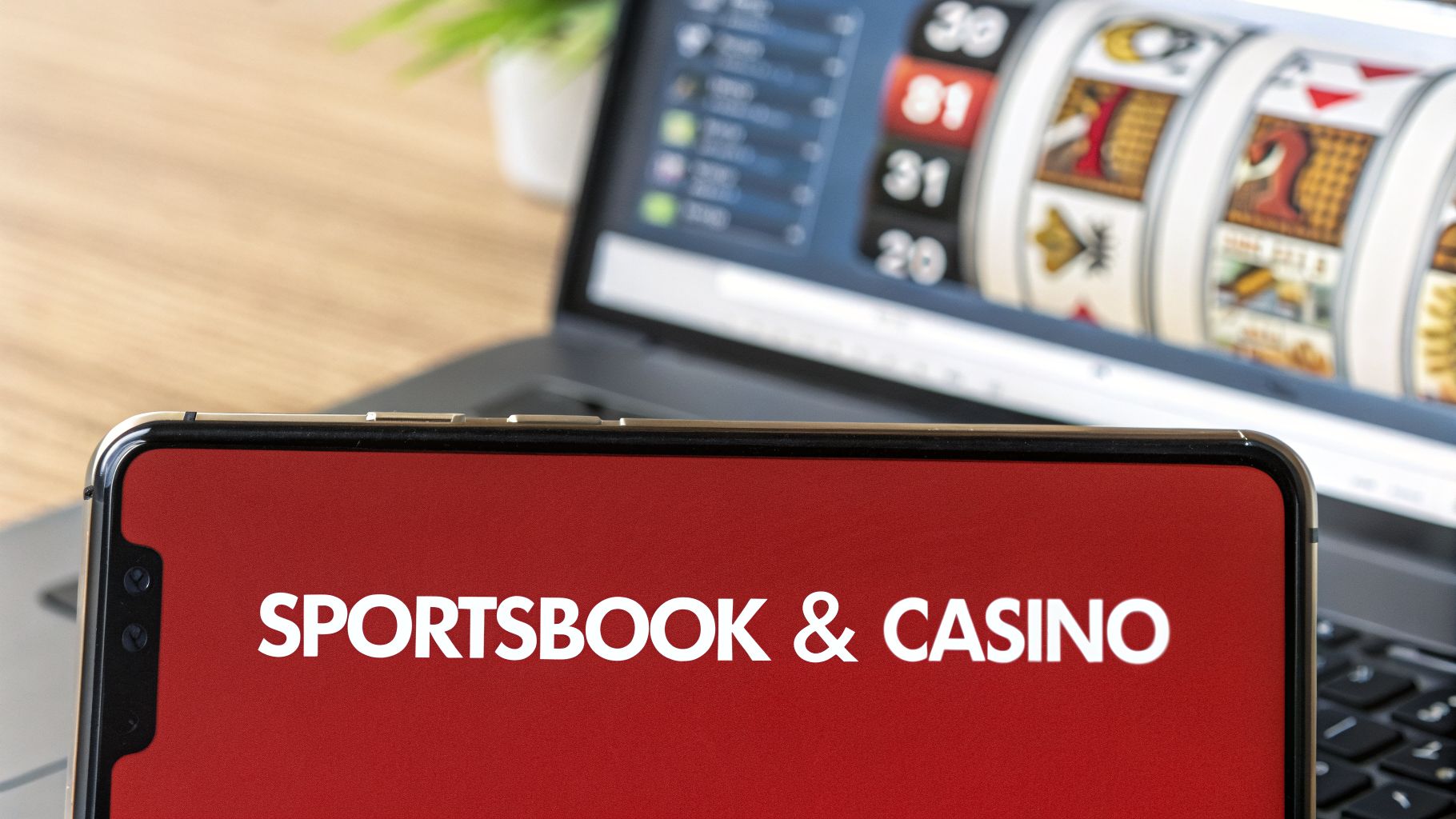Unbiased Reviews of Golden Nugget Sportsbook 2026 2 Smartphone displaying 'Sportsbook & Casino' app in front of a laptop showing online slot machine reels.