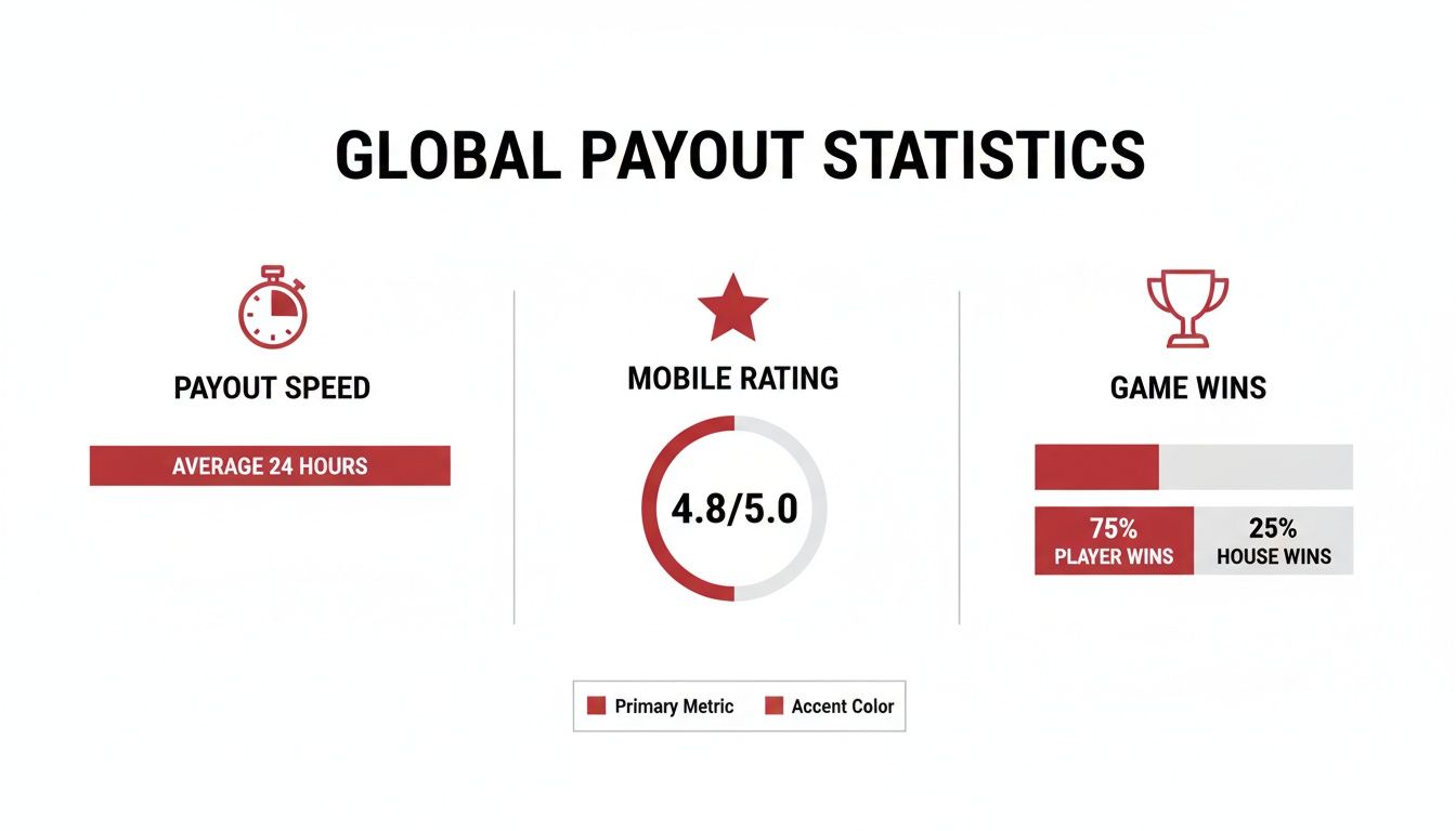 Global payout statistics display average 24-hour speed, 4.8 mobile rating, and game win percentages.