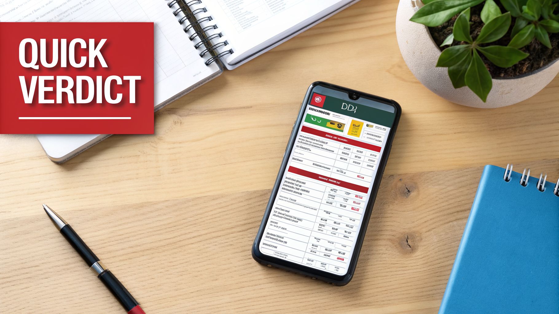 Unbiased Reviews of Golden Nugget Sportsbook 2026 1 A top-down view of a desk with a 'Quick Verdict' sign, a smartphone, pen, and notebook.