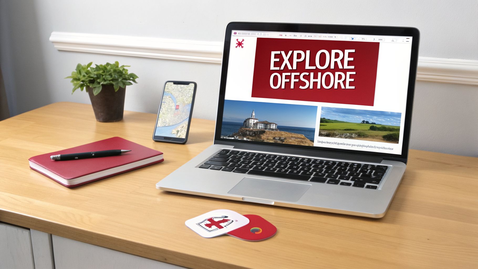 Best Rhode Island Online Sports Betting Sites 2026 1 A laptop displaying a travel website with coastal landscapes on a wooden desk, alongside a smartphone, notebook, and plant.