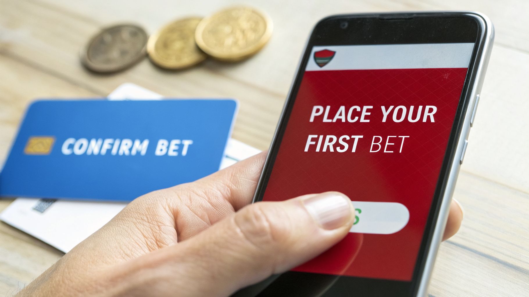 Best Rhode Island Online Sports Betting Sites 2026 4 Hand holds smartphone displaying 'Place Your First Bet' on an online betting app, with a 'Confirm Bet' card and coins.