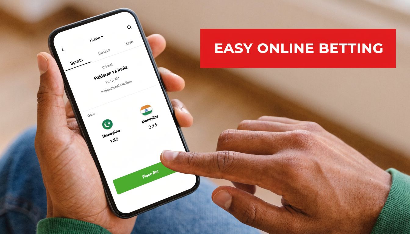 A person using a smartphone to place an online sports bet on a cricket match between teams.