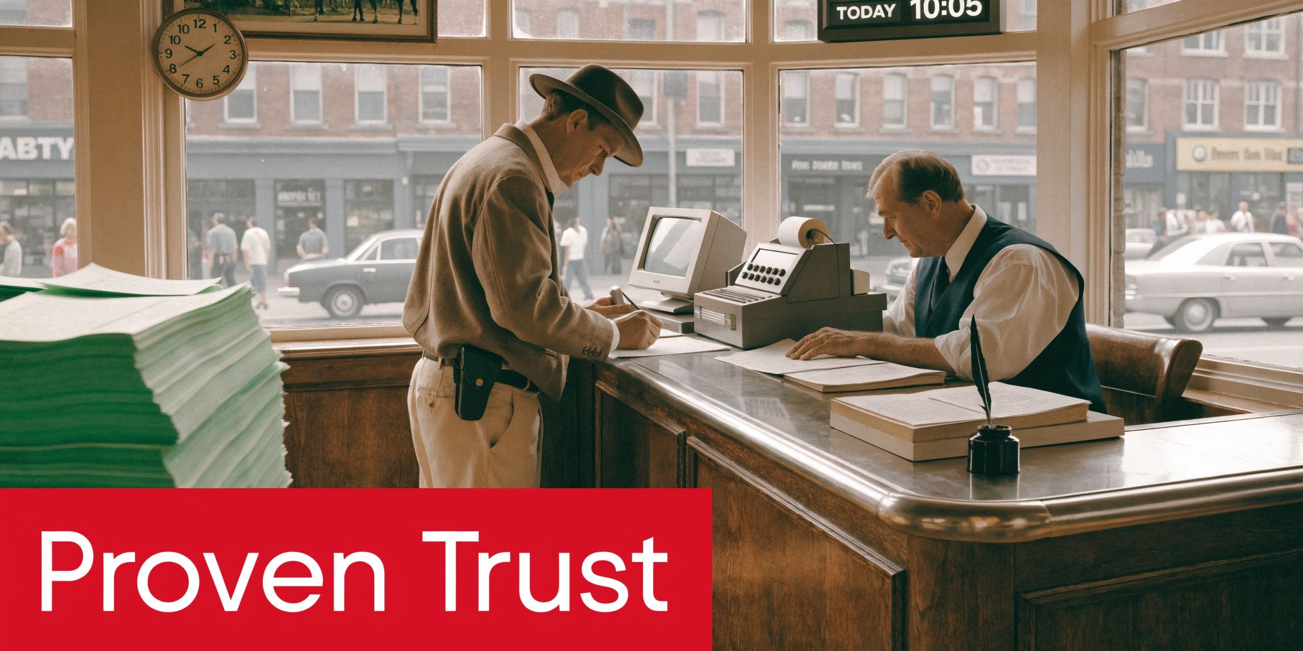 Sportsbetting AG Reviews 2026: Expert Analysis 1 A man in a fedora writes at a counter while a clerk assists him in an office setting.