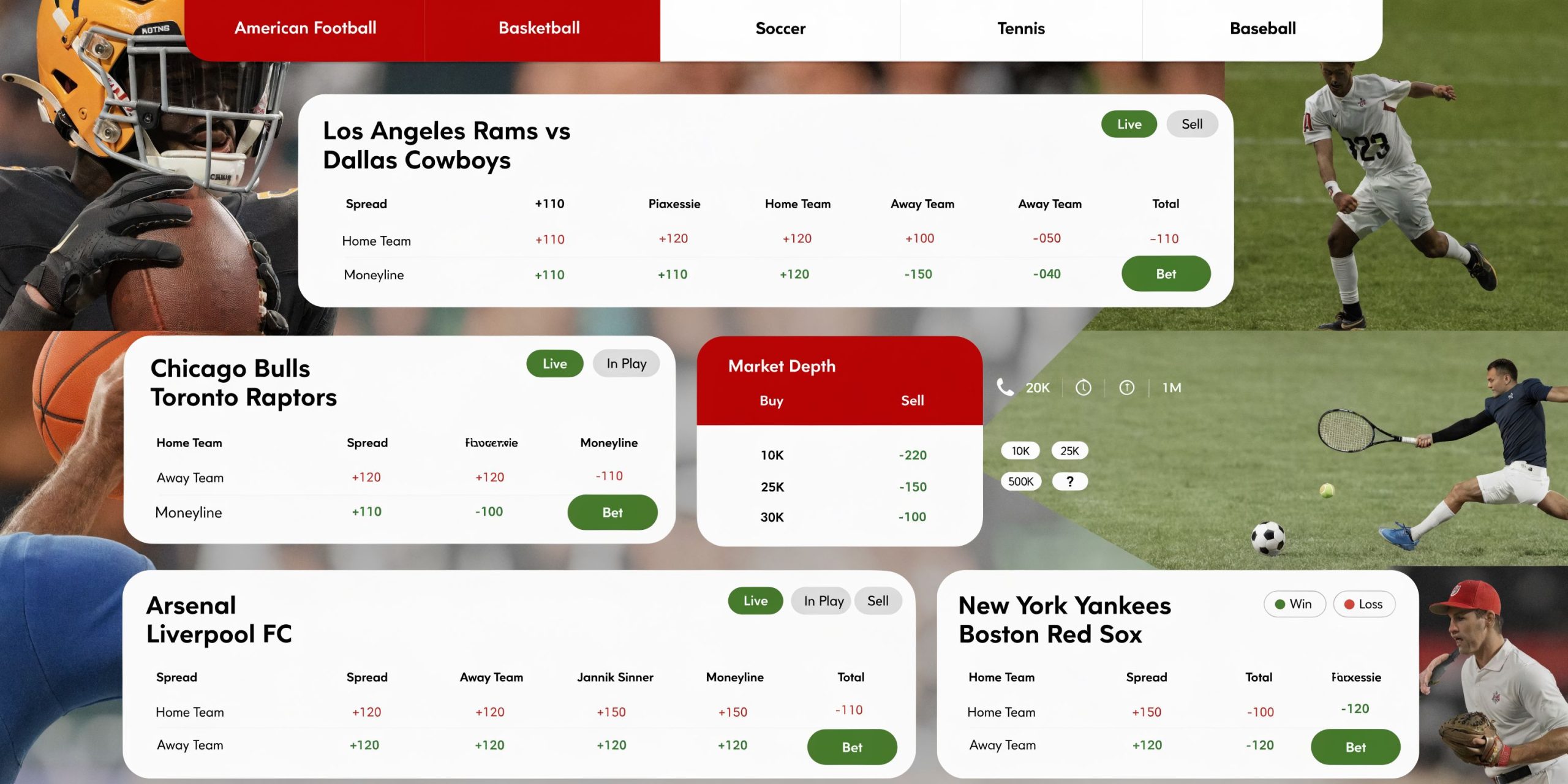 Sportsbetting AG Reviews 2026: Expert Analysis 3 A sleek digital interface displaying various live sports betting odds for football, basketball, soccer, and baseball games.