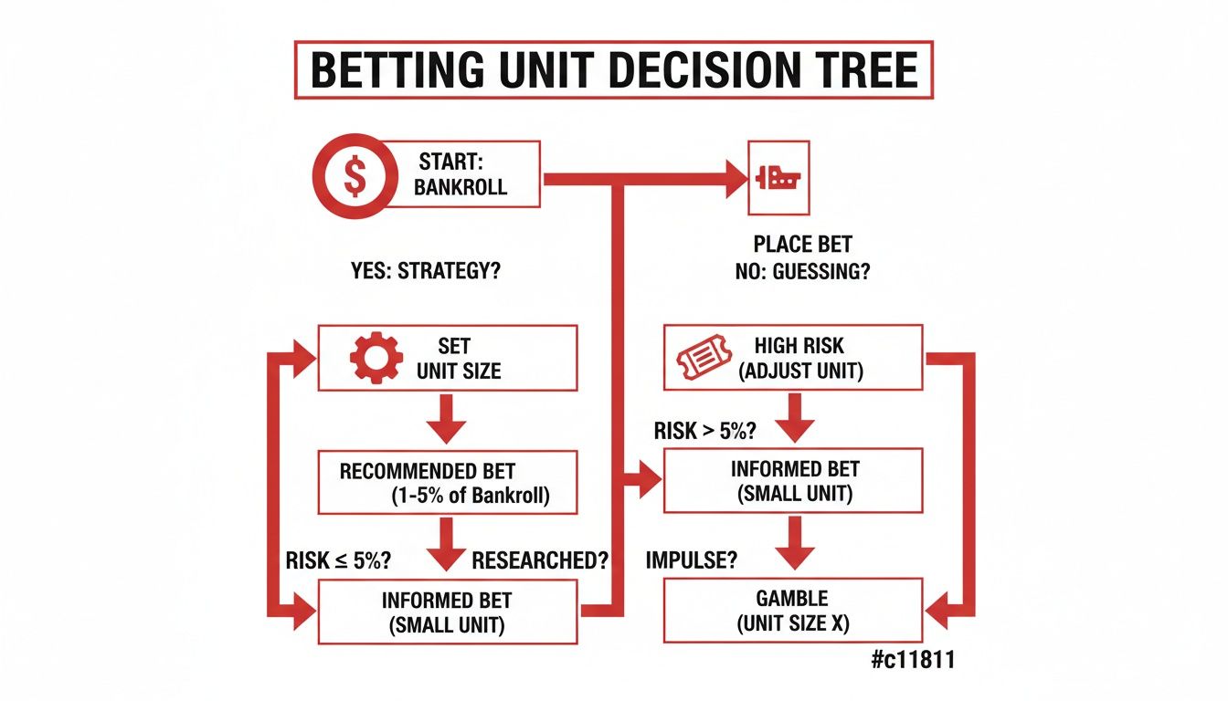 Flowchart of a betting unit decision tree, guiding users on bet size based on strategy and risk.
