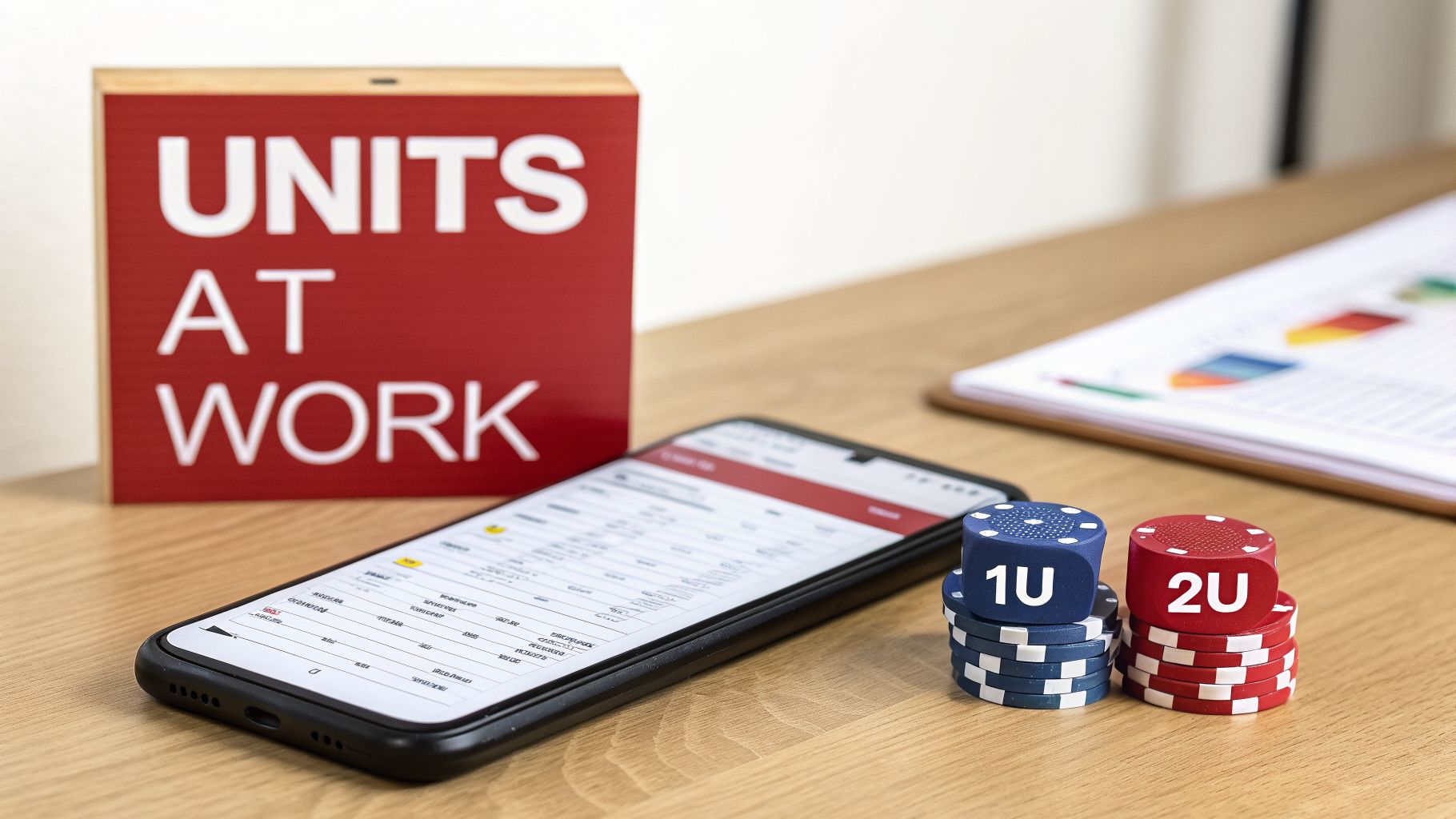 A red 'UNITS AT WORK' sign, smartphone, and poker chips labeled 1U and 2U on a wooden desk.