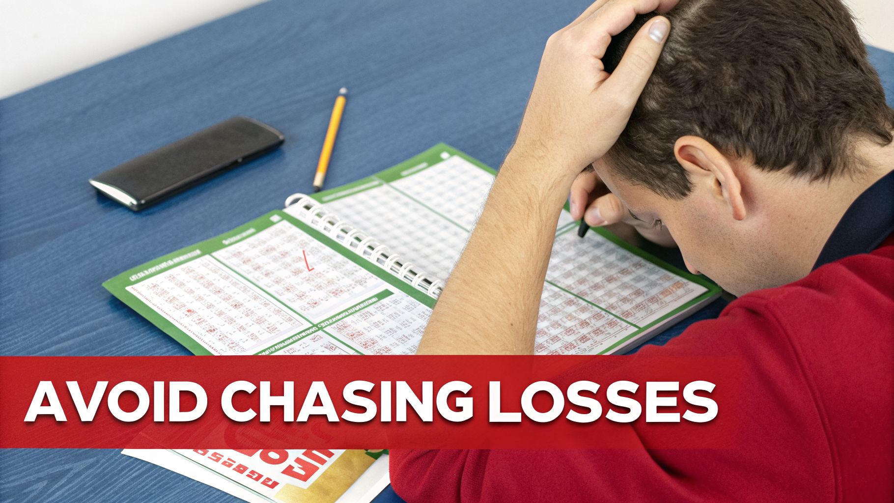 A stressed man with his hand on his head, looking at a betting sheet, with text 'AVOID CHASING LOSSES'.