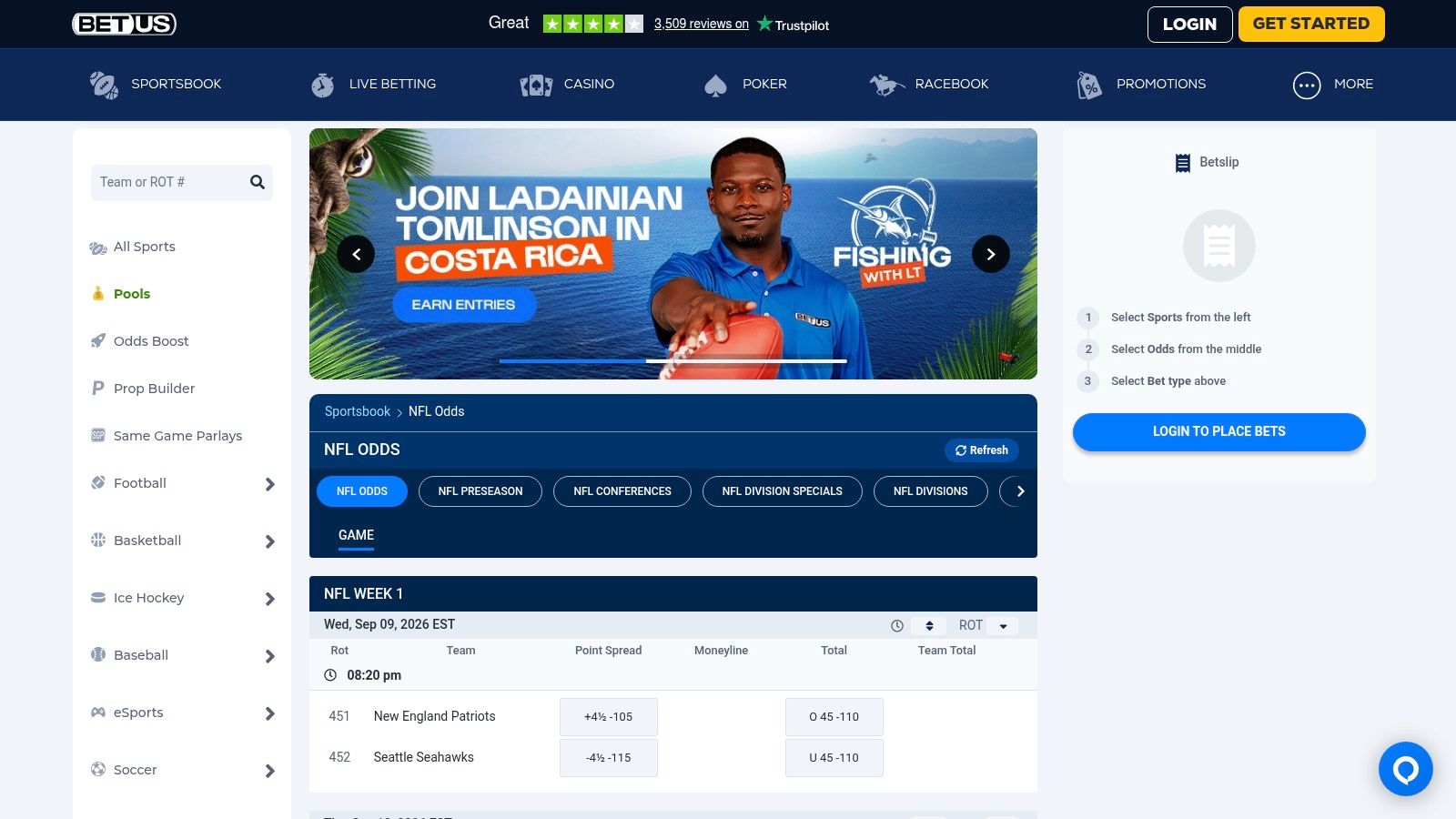Screenshot from https://usasportsbooklist.com/go/betus-cryptosportsbook/football/nfl/