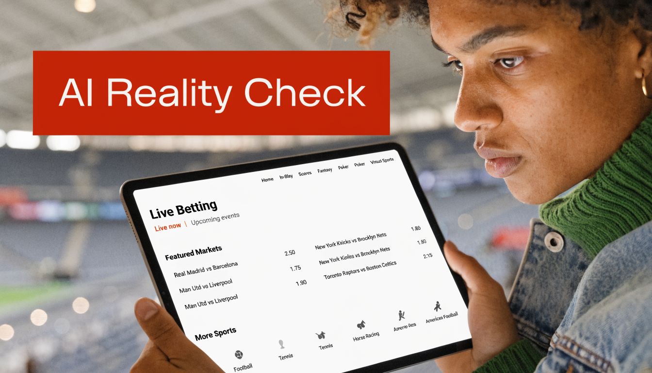 A woman looks at a tablet displaying a live sports betting interface in a large stadium.