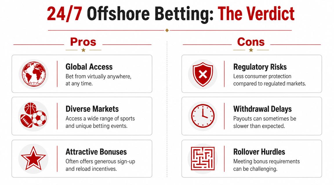 A comparison chart showing the pros and cons of using 24/7 offshore betting platforms for sports enthusiasts.