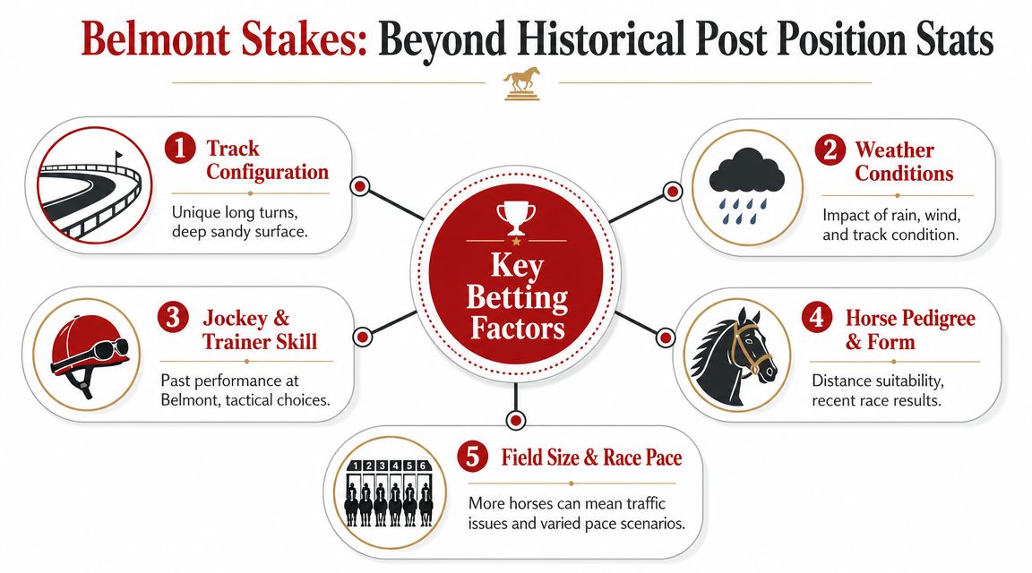 An infographic titled Belmont Stakes showing five key betting factors for horse race analysis.
