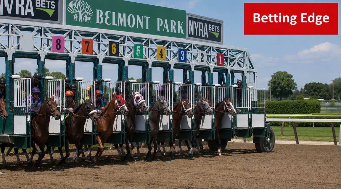 Racehorses and jockeys wait in their numbered starting gates at the Belmont Park racetrack before a race.