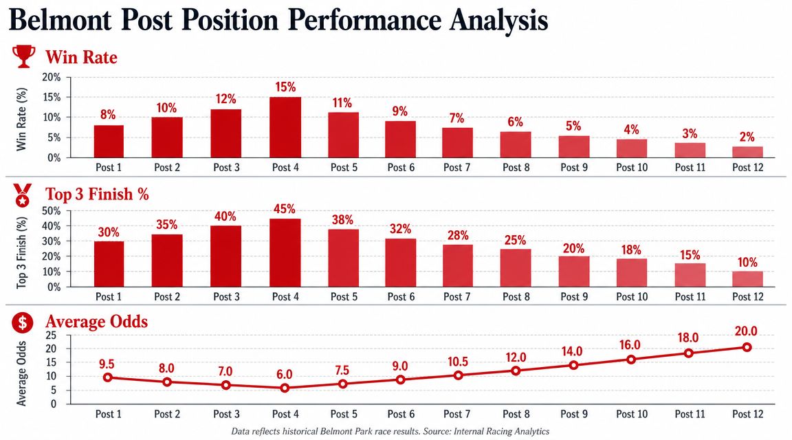 A chart showing Belmont Park race track post position performance, including win rate, top 3 finish, and average odds.