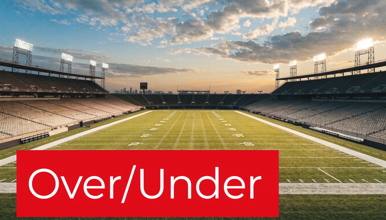A scenic view of a large football stadium at sunset with the words Over Under overlaid.