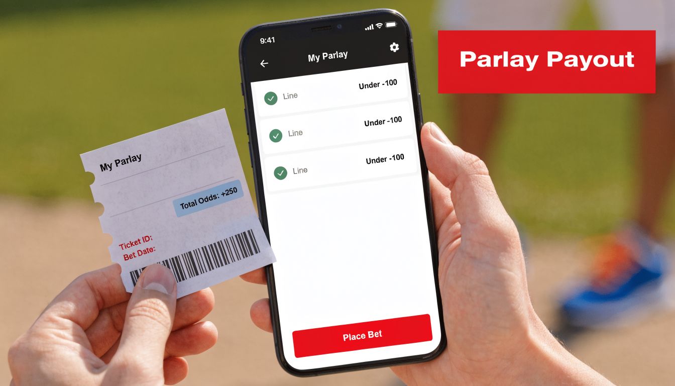 A person holds a physical betting ticket and a smartphone displaying a three-leg parlay wager on screen.