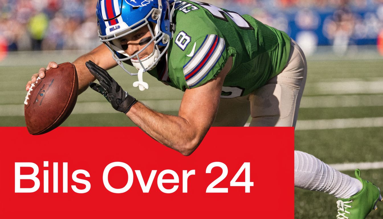 A professional football player in a green uniform extending his arm to reach for a football.
