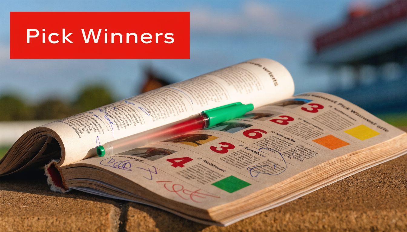 An open betting guide book with a green pen lying across numbered pages on a textured surface.