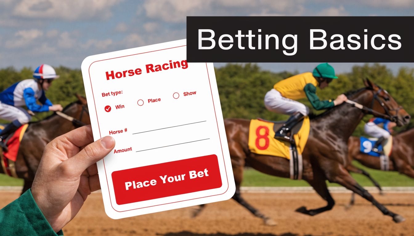 A hand holds a betting slip for horse racing against a background of racehorses on the track.