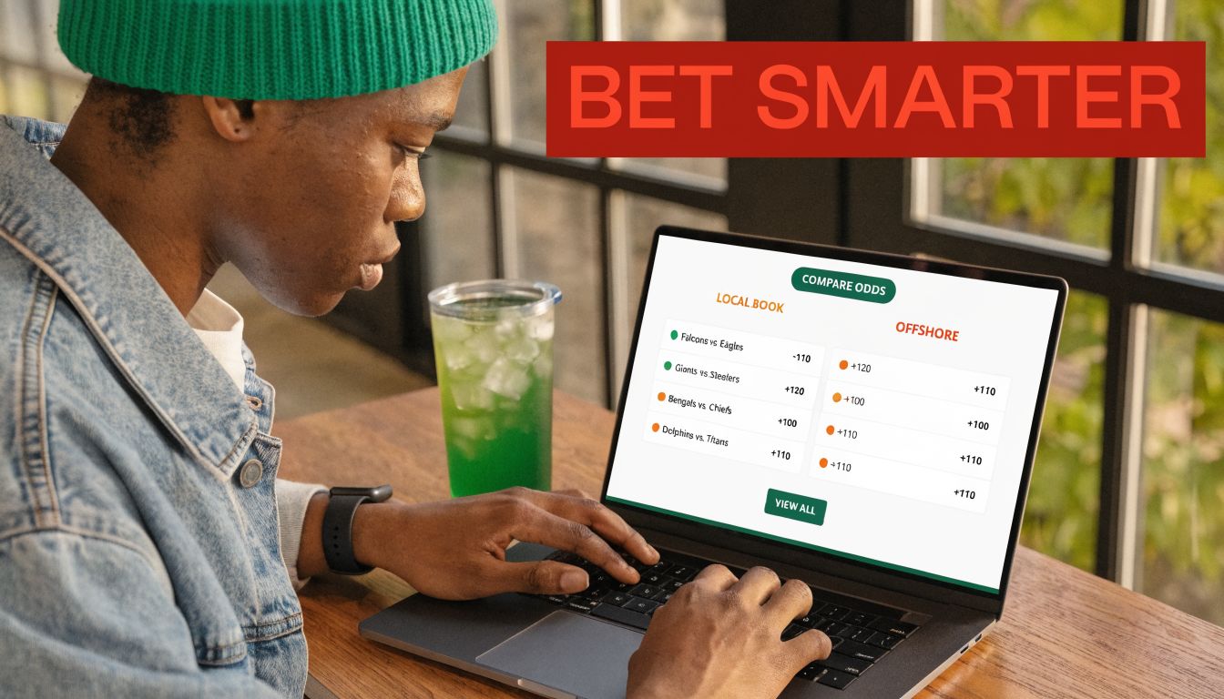 A young man wearing a beanie hat using a laptop to compare sports betting odds online.