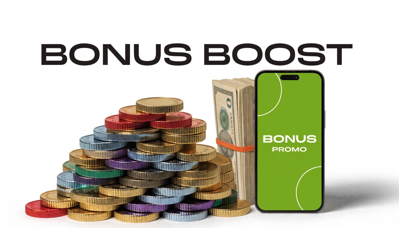 A stack of colorful coins and a bundle of cash next to a phone displaying a bonus promo.