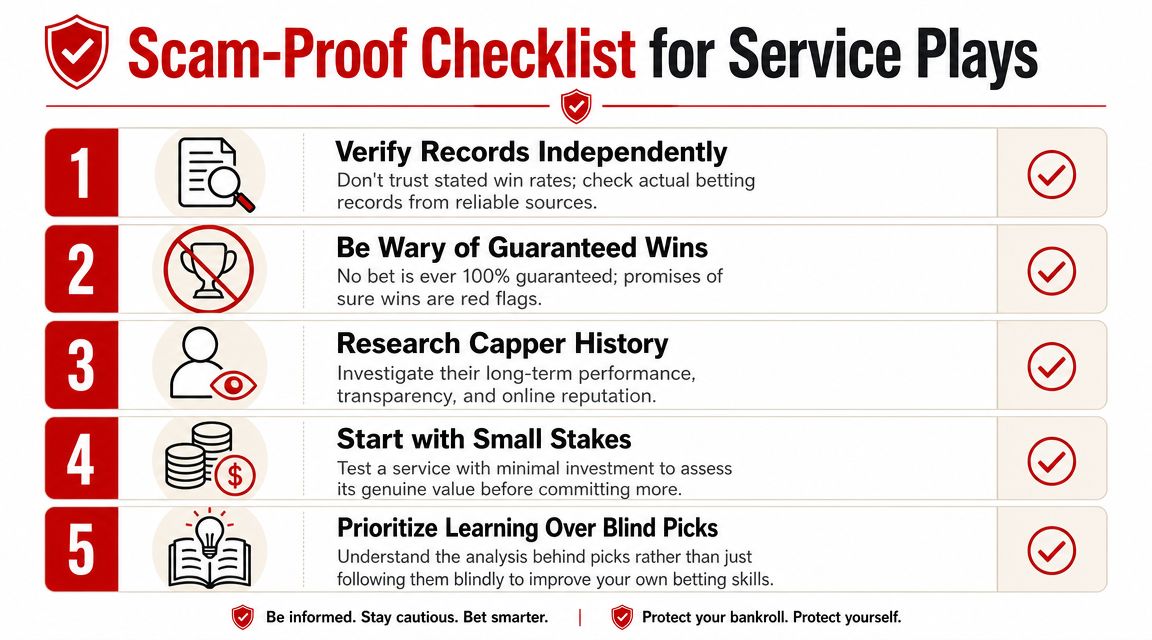A five-point infographic titled Scam-Proof Checklist for Service Plays providing tips to identify dishonest sports betting services.