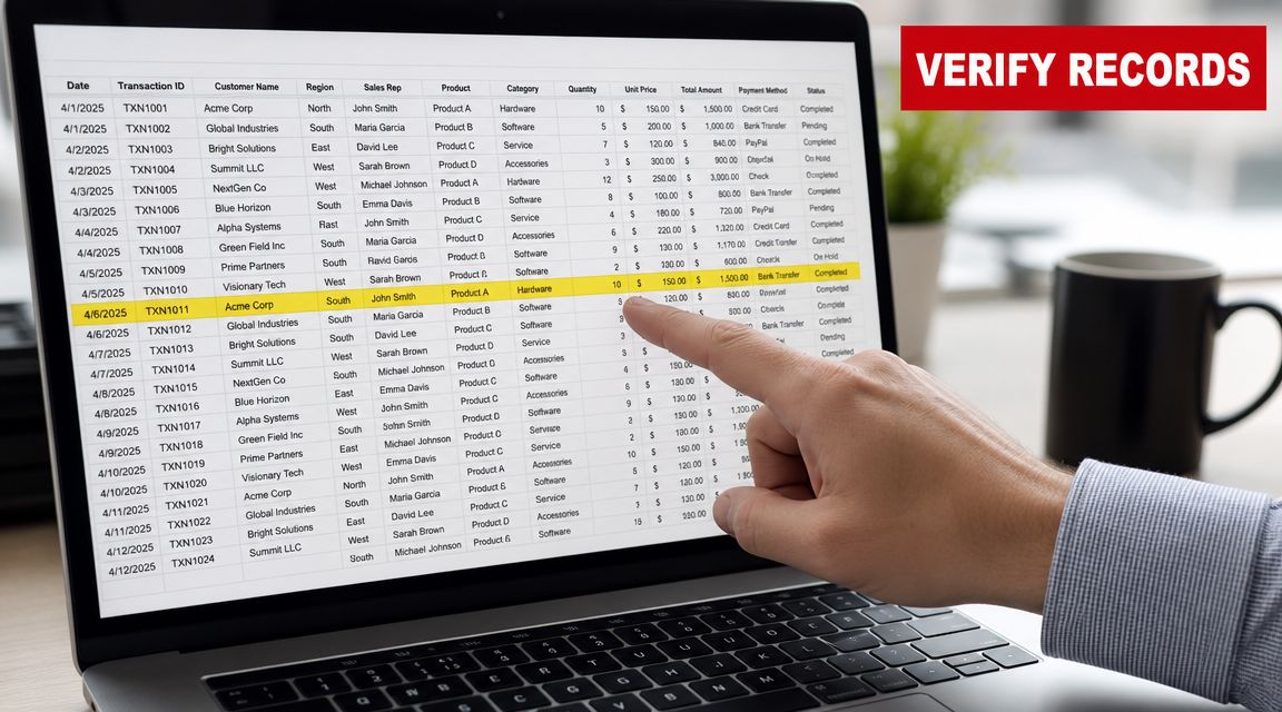 A professional analyzing a financial transaction spreadsheet on a laptop screen while wearing a business shirt.