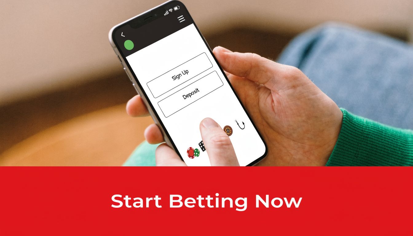 A person holding a smartphone showing a mobile gambling interface with betting buttons and icons.