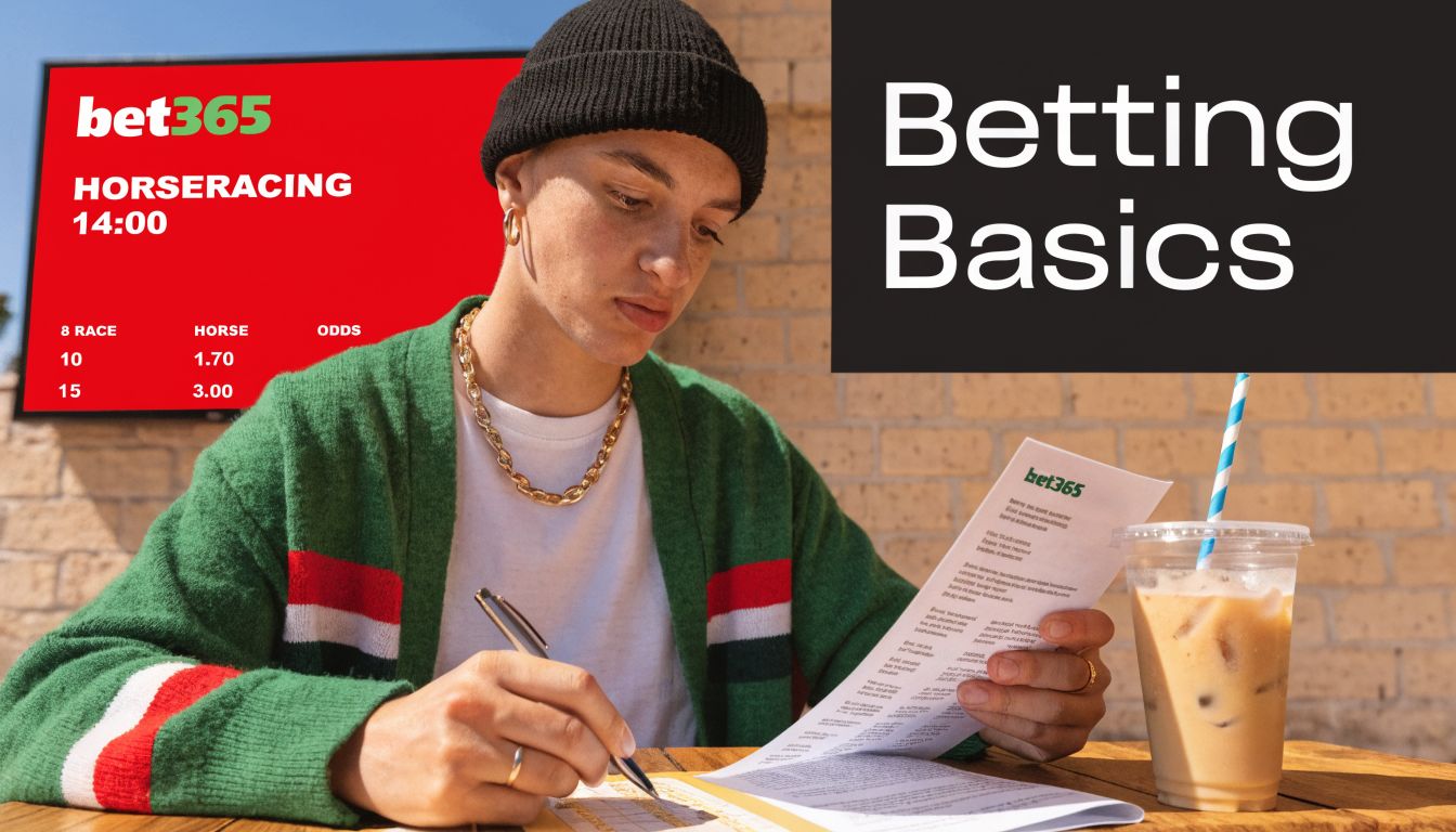 A person wearing a beanie and green cardigan studying bet365 horse racing betting information at a cafe.
