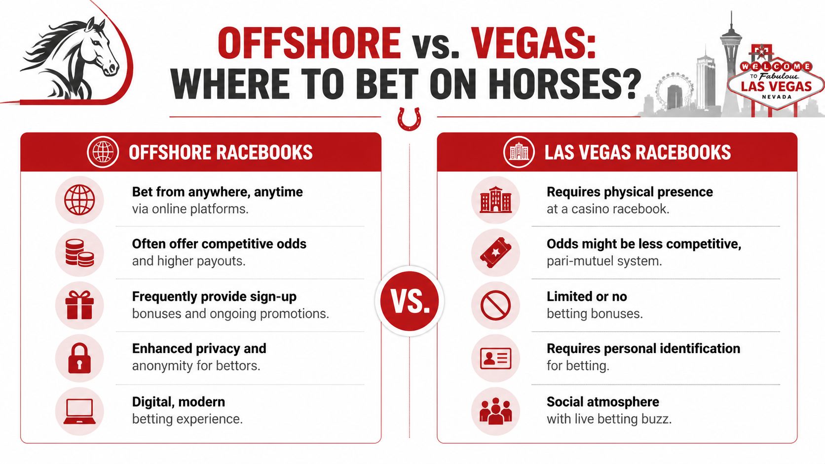 A comparison chart showing the pros and cons of betting on horse races offshore versus in Las Vegas.
