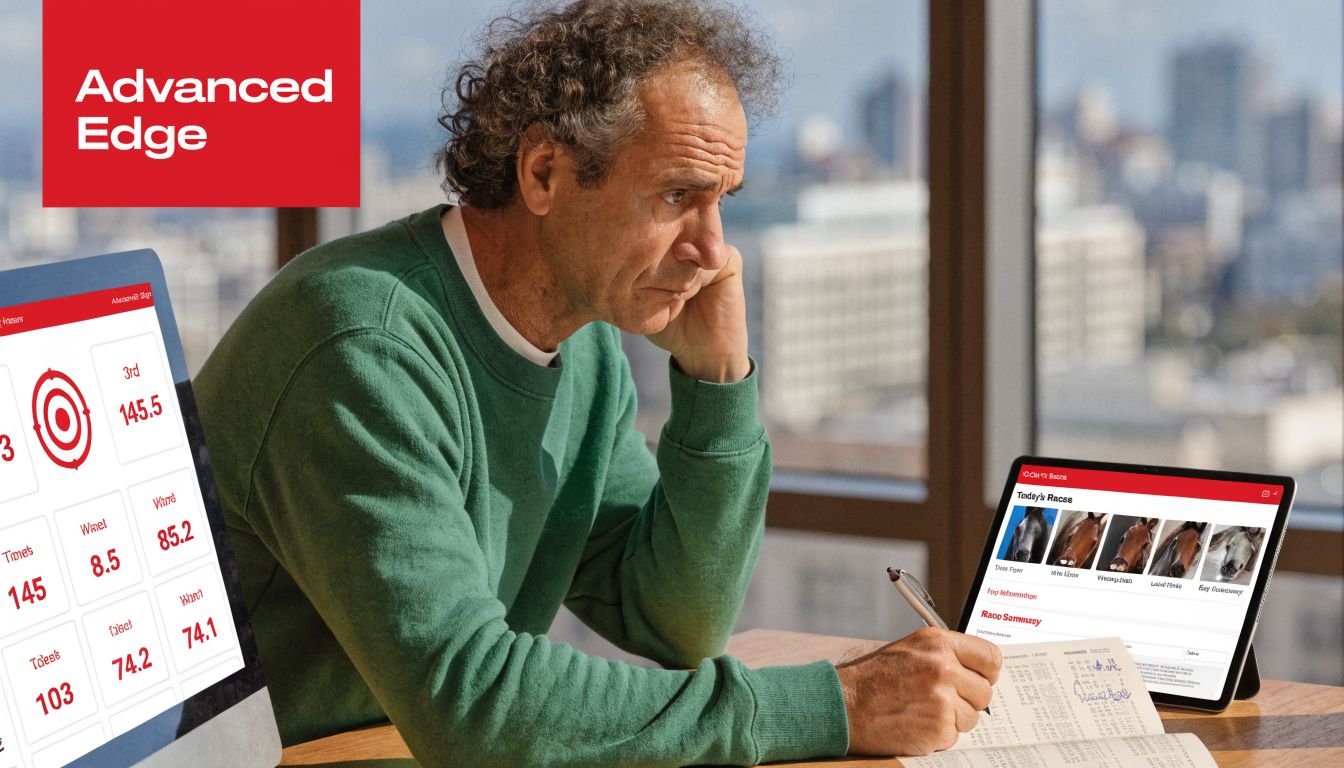 A man in a green sweater studying horse racing data and statistics on digital devices and documents.