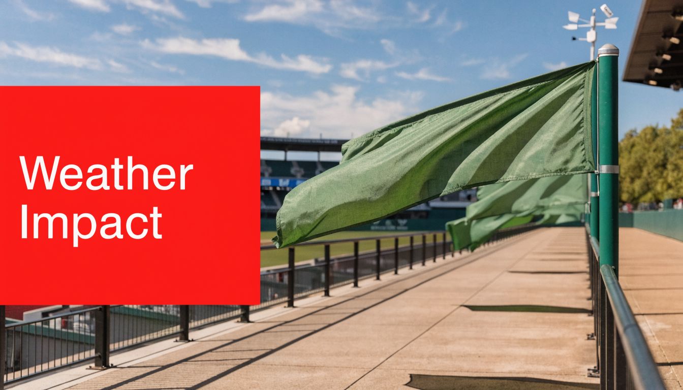 NRFI Predictions Today: 7 Expert Methods for 2026 3 Green flags blowing in the wind at a stadium under a blue sky, representing weather impact.