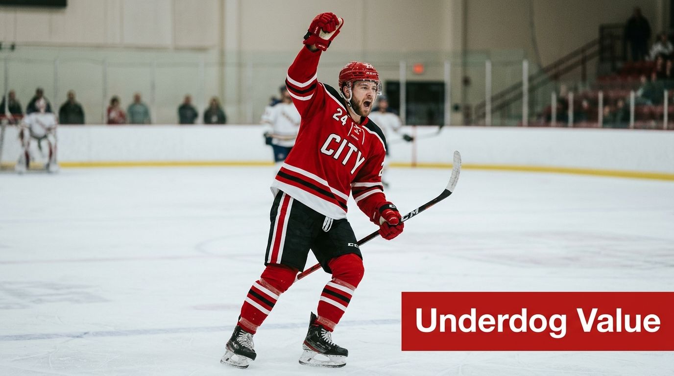 A professional hockey player in a red jersey celebrates a goal on the ice rink.