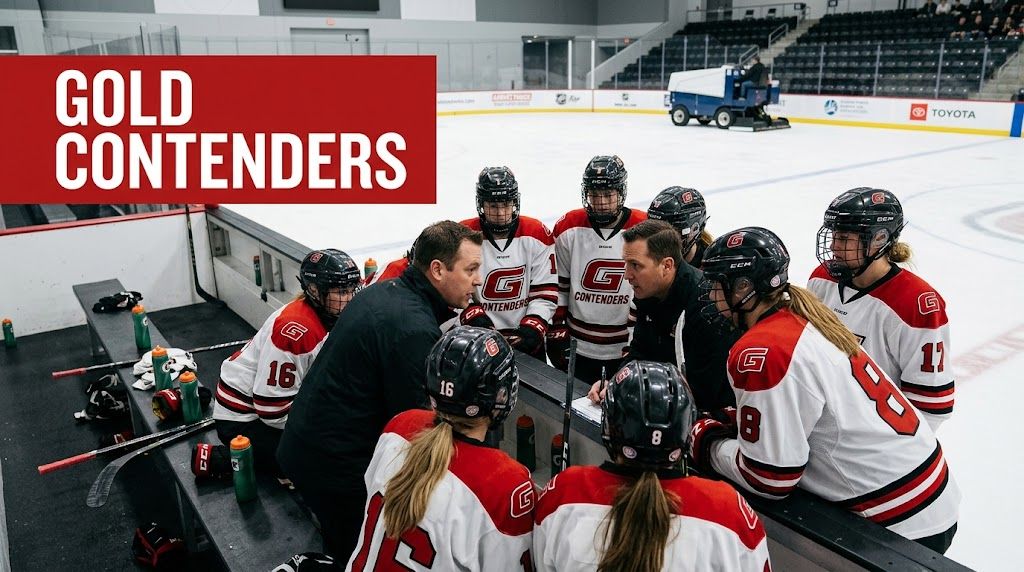A women's hockey team listens intently to their coaches during a huddle on the team bench.