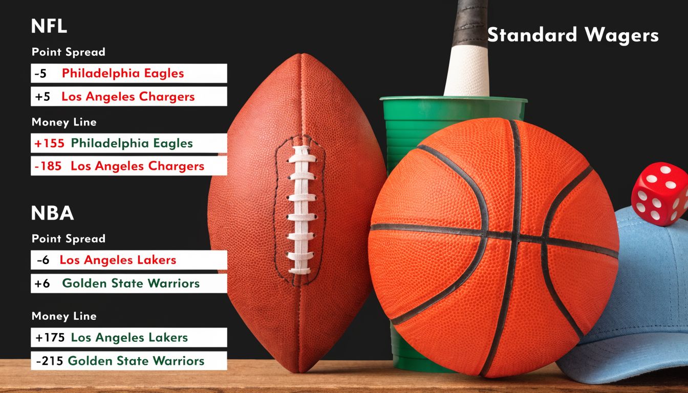 A display of NFL and NBA sports betting odds alongside a football and a basketball.